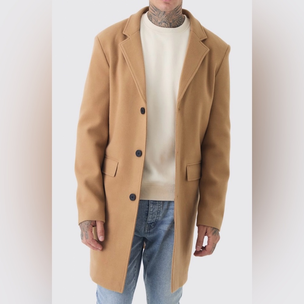 TALL SINGLE BREASTED WOOL LOOK OVERCOAT IN CAMEL